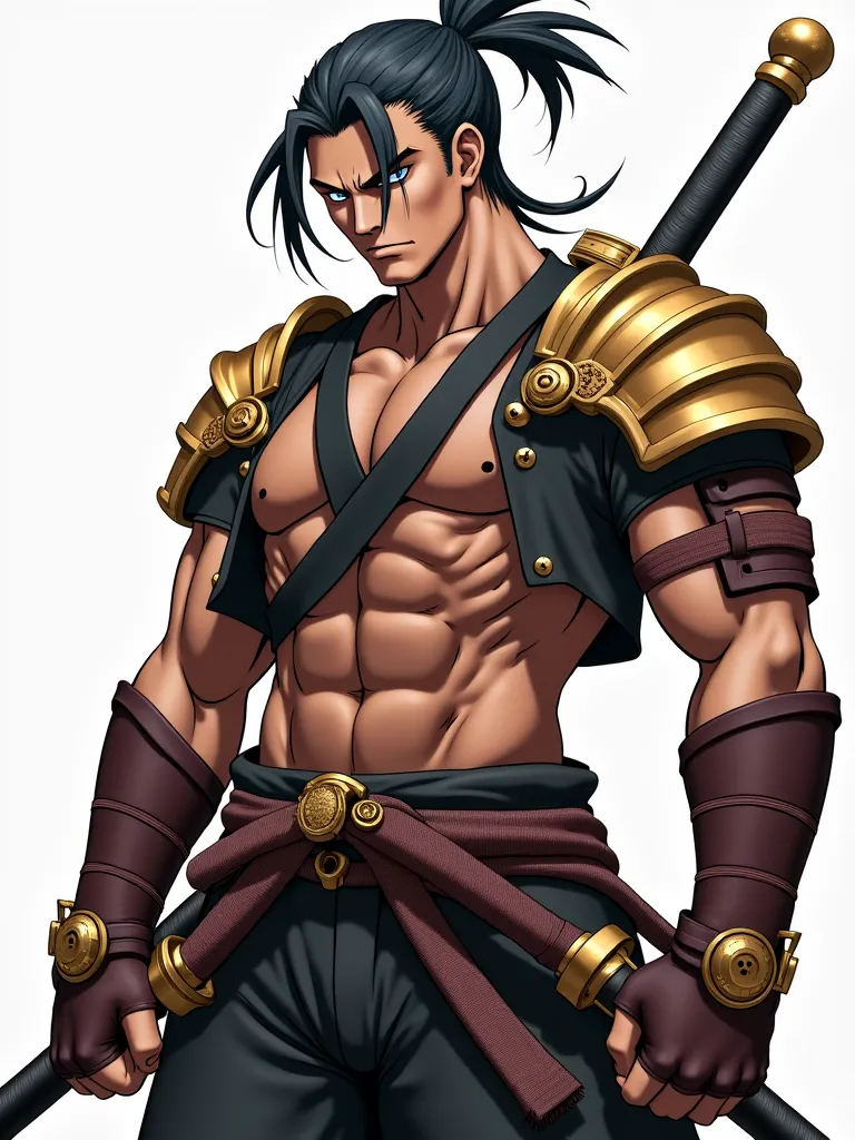 Anime style, Tall and athletic man , brown skin, creepy black hair tied, Wide Face, Shihakusho preto, Cabassa alla waistband, brown samurai gloves and shoulder pads,A big and giant sword