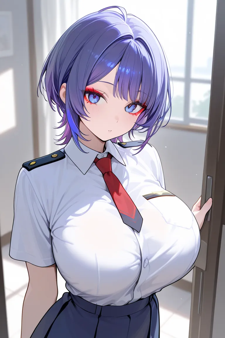 beautiful girl with short indigo hair, bangs, blue purple eyes, wearing red eyeliner, wearing a uniform, big boobs, cute, sexy