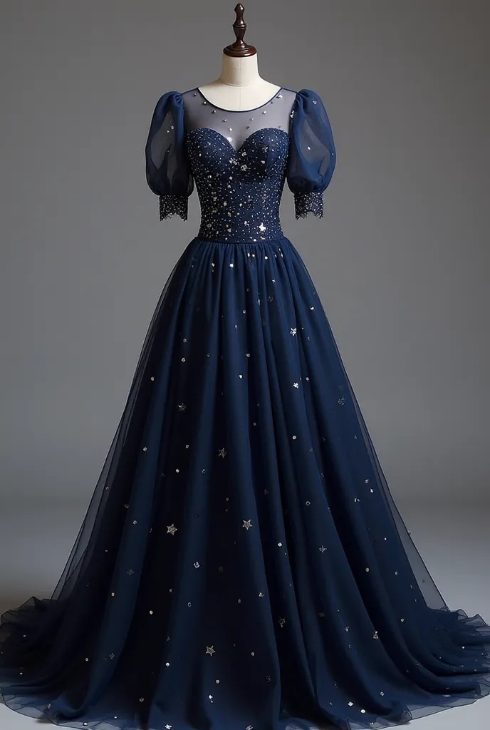 deep navy blue evening gown with a celestial theme. The dress features a sheer overlay with silver star embellishments, giving the illusion of a midnight sky. With puffed sleeves, a fitted bodice, and a flowing tulle skirt, this gown exudes elegance and my...