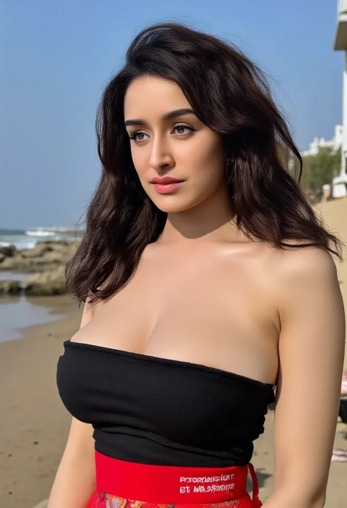 Full body photo portrait of beautiful shraddha, large breasts, wearing sexy strapless black bikini, deep cleavage, beach setting, looking at viewer, sultry look, flowing hair, (realistic eyes, symmetric face:0.8) (masterpiece:1.2) (photorealistic:1.2) (bok...