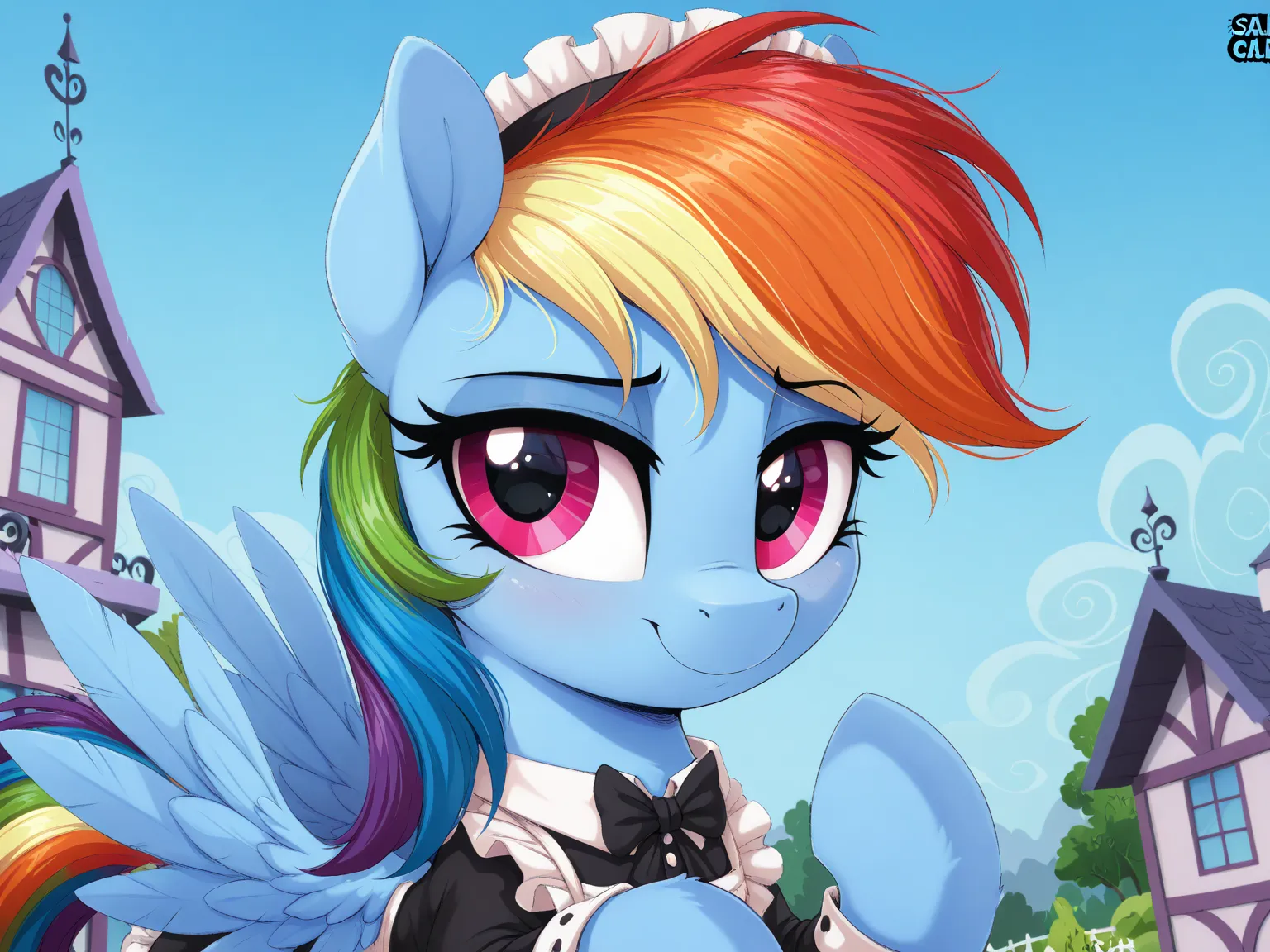 masterpiece, best quality, newest, absurd res, hires,  (detailed:2.0), beautiful, highly detailed, masterpiece, 4k, quality art, solo, my little pony, pony, Rainbow Dash, silly, calm, relax, wings, pegasus, body, maid costume, mansion, look at each other, ...