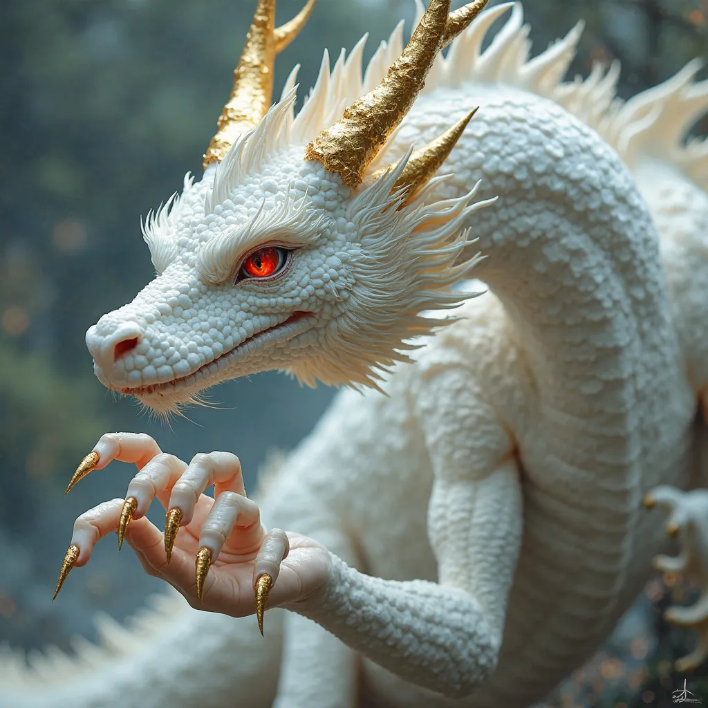  white dragons、mane、wingless、The horn on the back of the fingernail is golden、My eyes are red and slender、wingless、Five fingers、big-eyed 