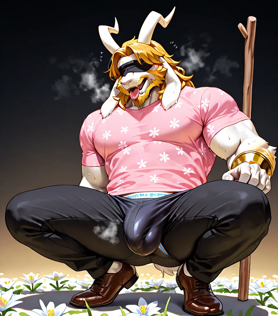 Asgore,  Correct Anatomy, highly detailed eye Intricate Iris Details, manly,male,furry,steam,looking at you, sweat、((Massive bulge))、sound、solos、dynamic angle、facial hair, pink shirt with white flower pattern、panties aside、full body、 blindfold、Restraint、I'...