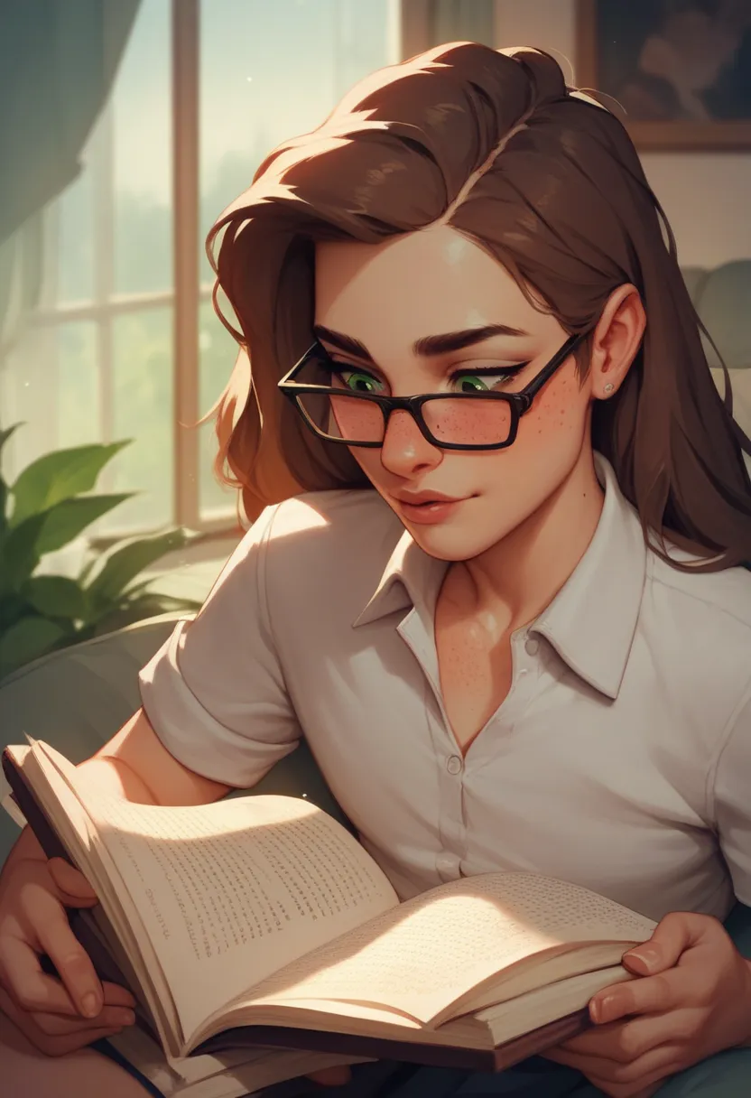 Skinny guy, dark greasy brown hair,  green eyes, freckles. Wearing glasses, reading a book. Erection, blushing