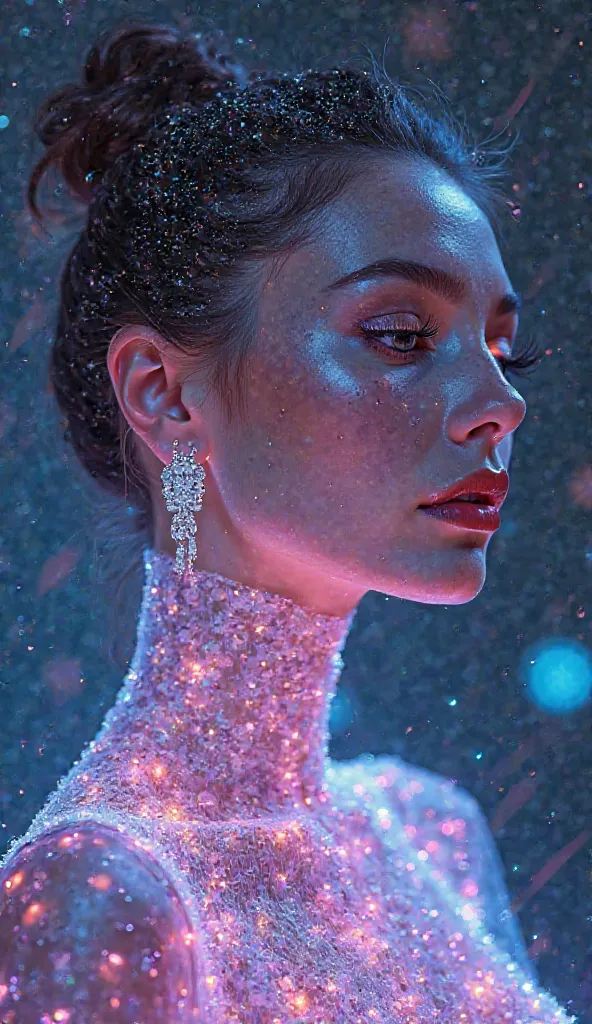 plasma thread pattern. 
transparent beautiful diva.large diamond earrings. 
long lashes. 
long thin dress. 
face and body aesthetics.dynamics
nebula stars. 
fantasy. lumen. acrylic colors.  subtle neon liner. neon sparks. pearl neon.frame depth.  neon ligh...