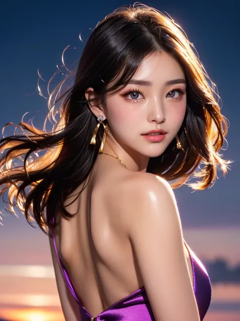 stylish and muscular、in front、 Night Sky、 oily shiny skin 、 straight short bob without bungs、bungs、 Japanese、 1 girl, high resolution 、SMALLE BREASTS, Nipples, her eyes are in the center of her face、  dark eyes、eyeliner、large tear grooves  、 central eye 、 ...