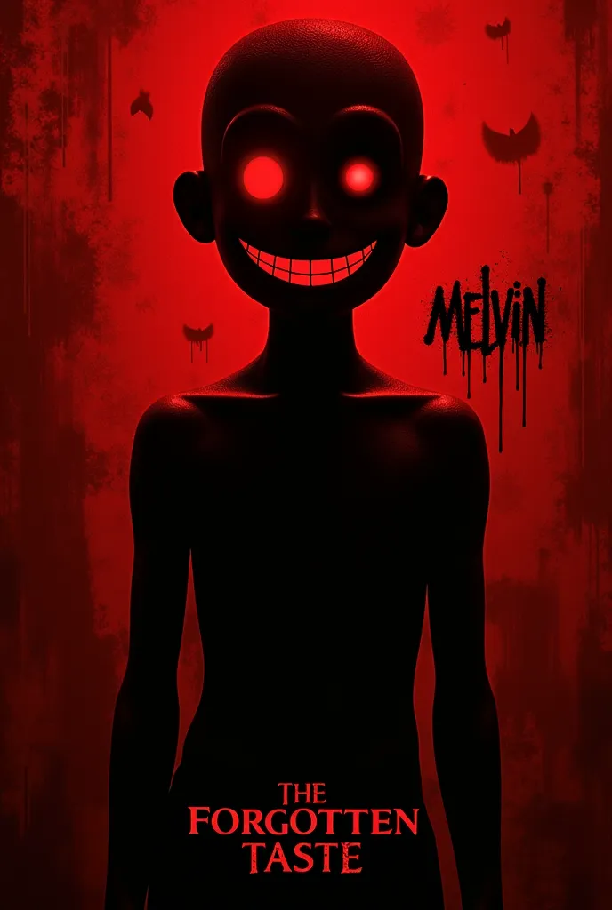 A haunting, horror-style image of Melvin, the classic Choco Krispis mascot, depicted in the eerie, blood-red aesthetic of the Sinister (2012) movie poster. The background is textured with a dark, grungy red, resembling smeared blood. Melvin's silhouette is...