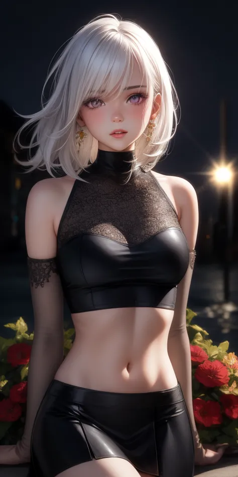 realistic, 1girl, white hair, purple eyes, glowing eyes, crop top, skirt, parted lips, blush, night, flowers, sun, sunlight,