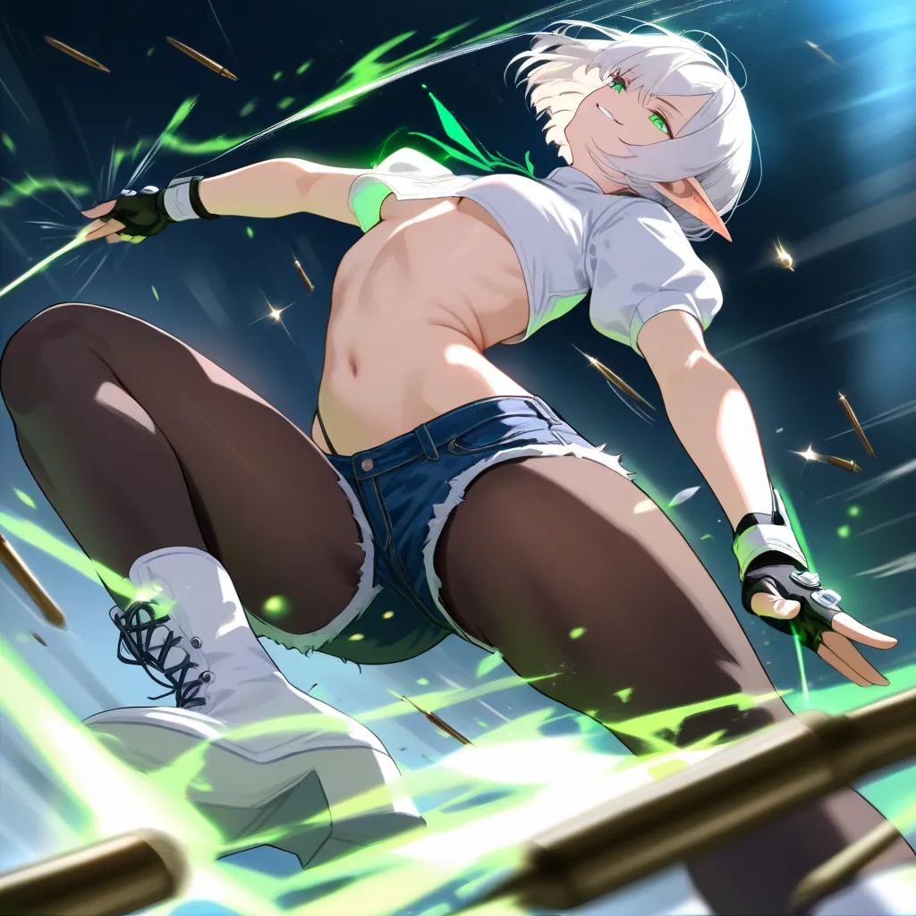 1girl, solo, muscular female elf, the matrix, parody, pointy ears, white bob cut, green eyes, smirk, puffy short sleeves, white cropped shirt, small breasts, underboob, denim shorts, BREAK, bullet time, swirling bullet linear trajectory, dodging, leaning b...