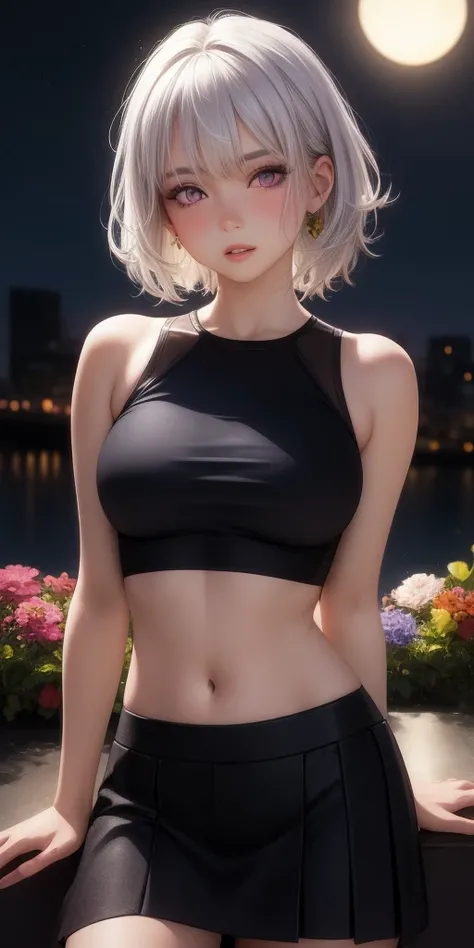 realistic, 1girl, white hair, purple eyes, glowing eyes, crop top, skirt, parted lips, blush, night, flowers, sun, sunlight,