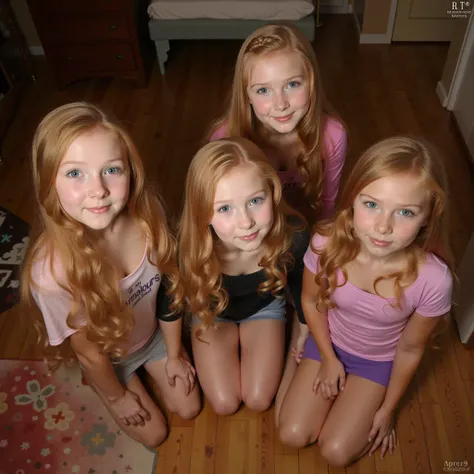 Very realistic photo of 5 very young ,  long blond hair,    3 girls have long braids   , different hairstyles,    Just with panties and socks   ,   Detailed face ,   big beautiful blue eyes   ,   kneeling on the wooden floor in a bedroom at night ,   View ...