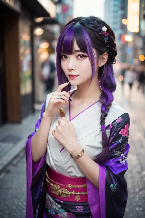  1 girl, blunt bangs ,  braided ,  wide sleeve,  hair ornament,  kimono,  called Obi , ( purple hair:1.2),  very long hair,  straight hair with four,  is watching viewers,   very detailed background  , ( photorealistic :1.2),  detailed eyes,  red eyeshadow...