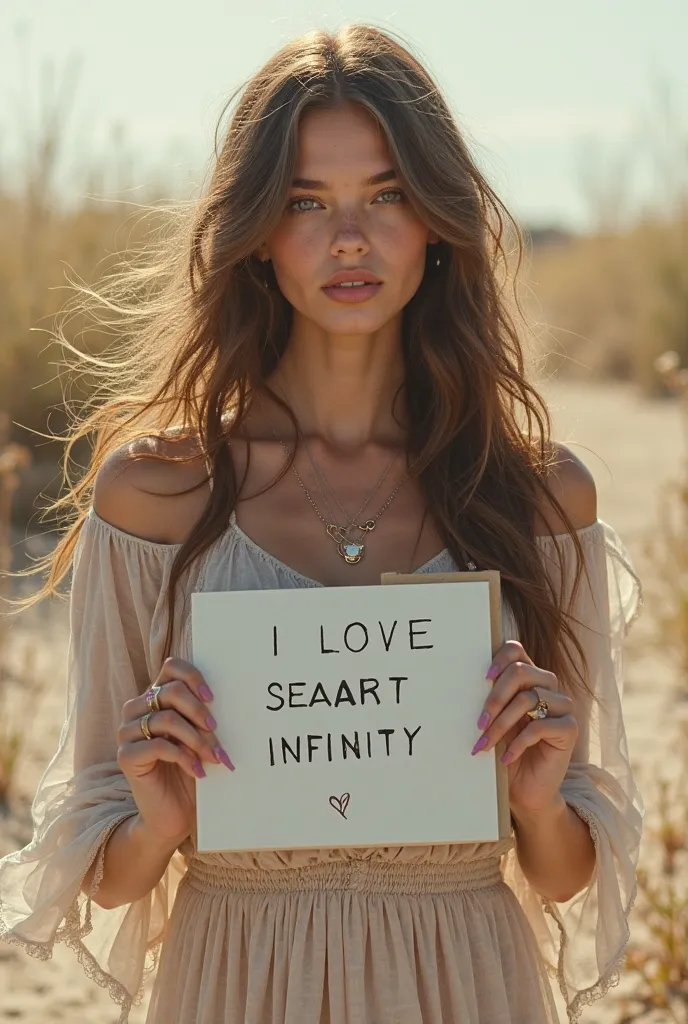 Beautiful girl with long wavy hair, bohemian dress, holding a white board with the text " I Love Seaart Infinity " and showing it to the spectator