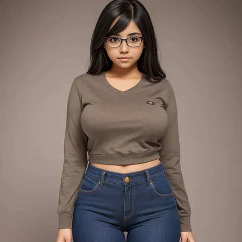 timid short cute fluttershy slightly chubby raven nyuugao hispanic nerdy girl, medium slightly wavy hair, cute detailed brown eyes, cutely detailed lips, cute highly detailed eyes and face, voluptuous breasts, thin thighs, thin hips, crewneck shirt tucked ...