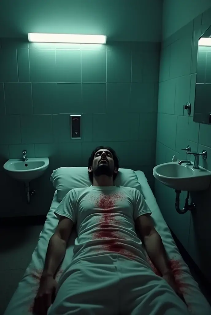 A realistic photo where a 's head is visible on a toilet commode and there is blood in the whole bathroom