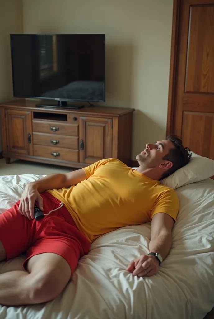 Create an image of a man lying on a bed , That this dress with red shorts and yellow t-shirt, In your room there must be a closet a TV cabinet with a TV above, The man must be holding the television control with one hand and with the other he must be scrat...