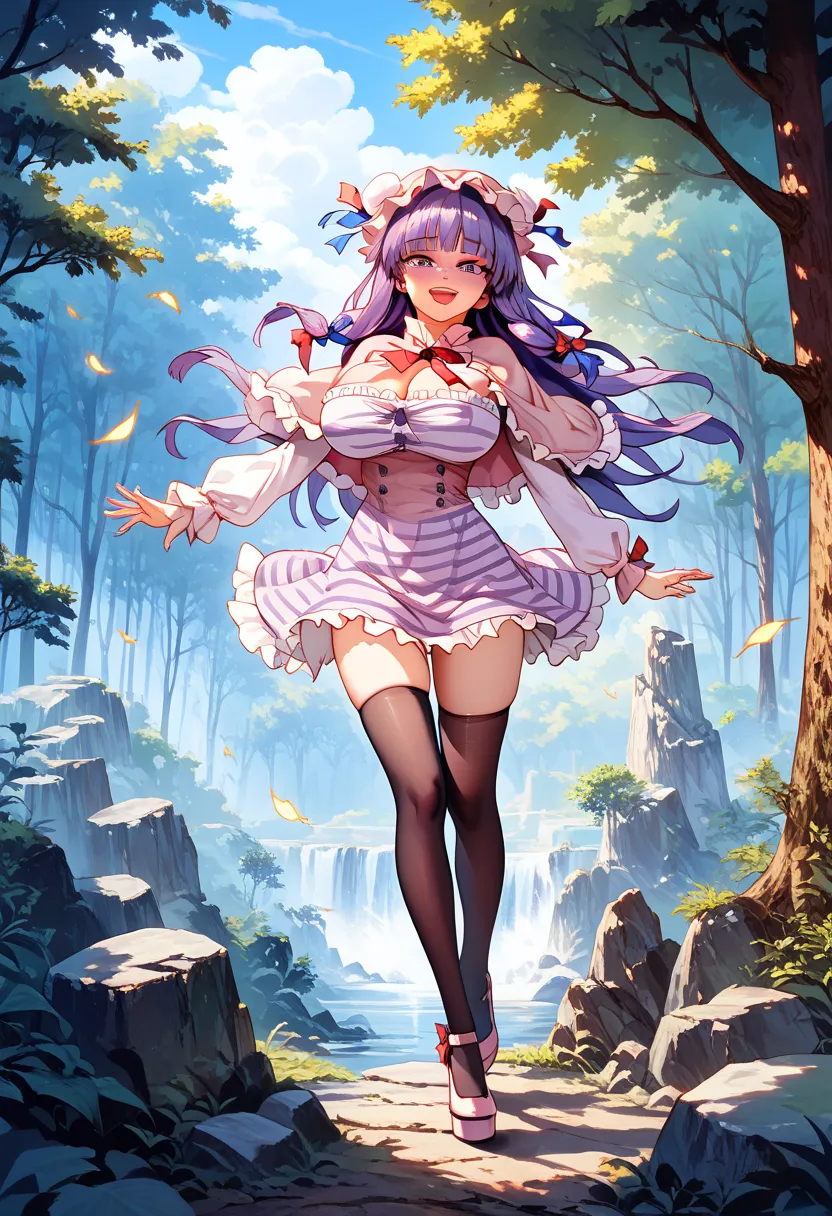 best quality, masterpiece, highres, detailed face, solo, patchouli_knowledge_touhou, longtorso_v0.63_pony, BREAK, long_hair, purple_hair, purple_eyes, bangs, capelet, striped, very_long_hair, 1 skinny girl standing, looking at viewer, smile for viewer, ope...