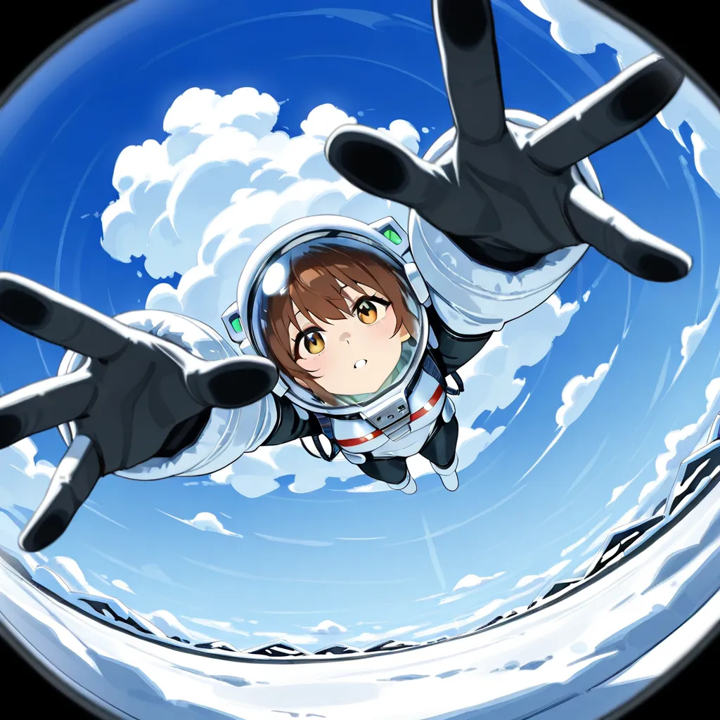 Wide viewing angle，Top view：1.5, - looks up - reaches out，Beautiful anime astronaut who can't see the blizzard ahead ， alone，has white clouds under her feet，Fisheye Perspective, Top view, Glass ball perspective，Convex lens imaging rules，  Christmas