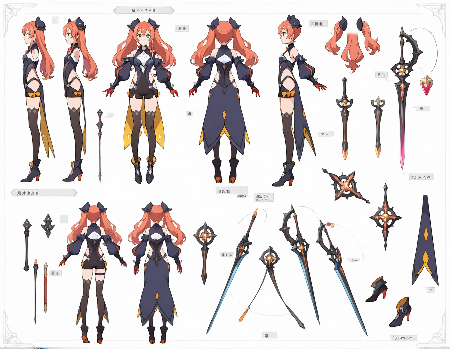 (((Best Quality))) , ((full body)), female, reference sheet, solo, (white background), high-fantasy, holding weapon, precure, world flipper, tales of, hip vent,
