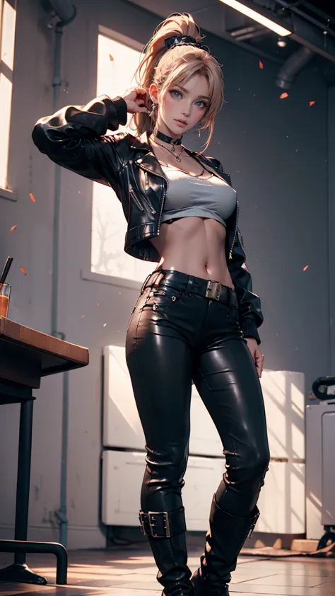 a full body punk rock girl with a ponytail(Leather choker、 midriff length leather jacket 、Boob Top（Underboob Top）、 leather hot pants、Leather boots). Underboob visible、Ariana Grande&#39;s face. in black showing that she is a punk rock girl、has an electric g...