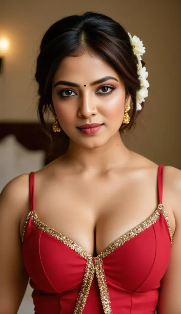 Iswarya menon camera view, Indian milf on her kneel down, looking at camera, with lust in her eyes, black hair tied around, flowers in head,sandal mark on forehead, sindhur on forehead (vermilion mark on forehead in the middle of hair partition, red saree ...