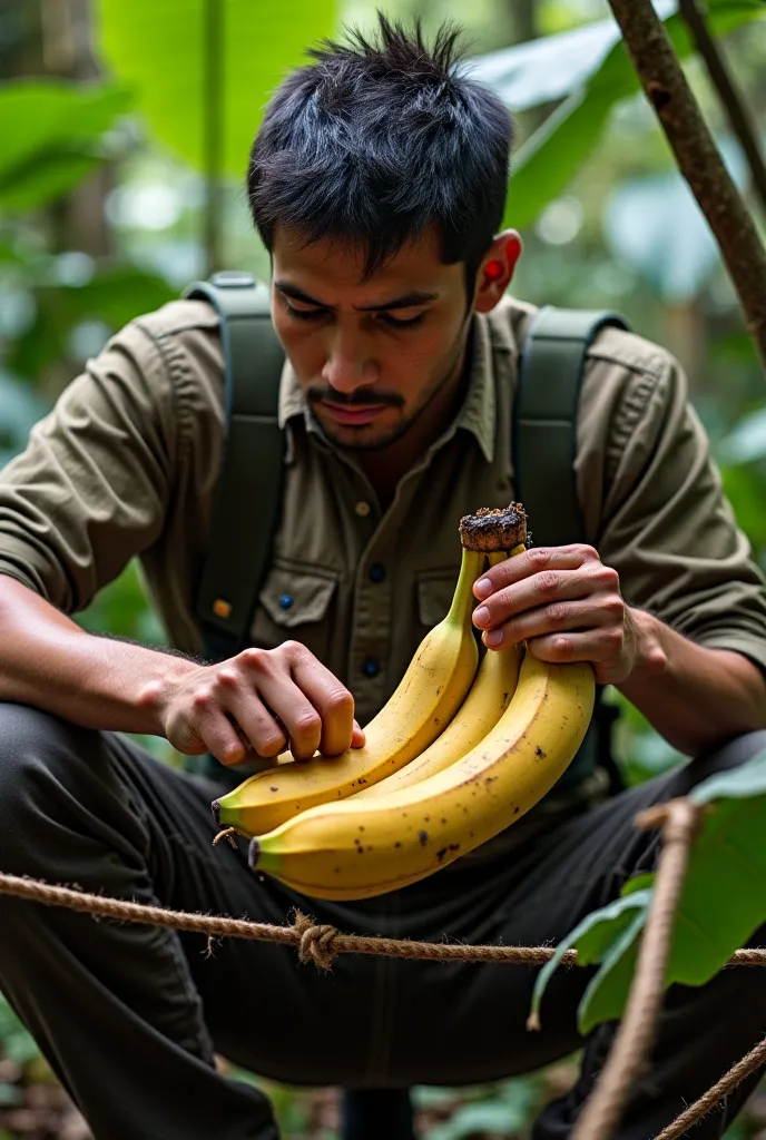  A sneaky hunter wearing rugged clothes sets a trap in the jungle. He carefully places a large, ripe banana in the center of a rope-snare trap. His expression is focused as he finishes setting up. The trap is well-hidden under leaves, and the hunter quietl...