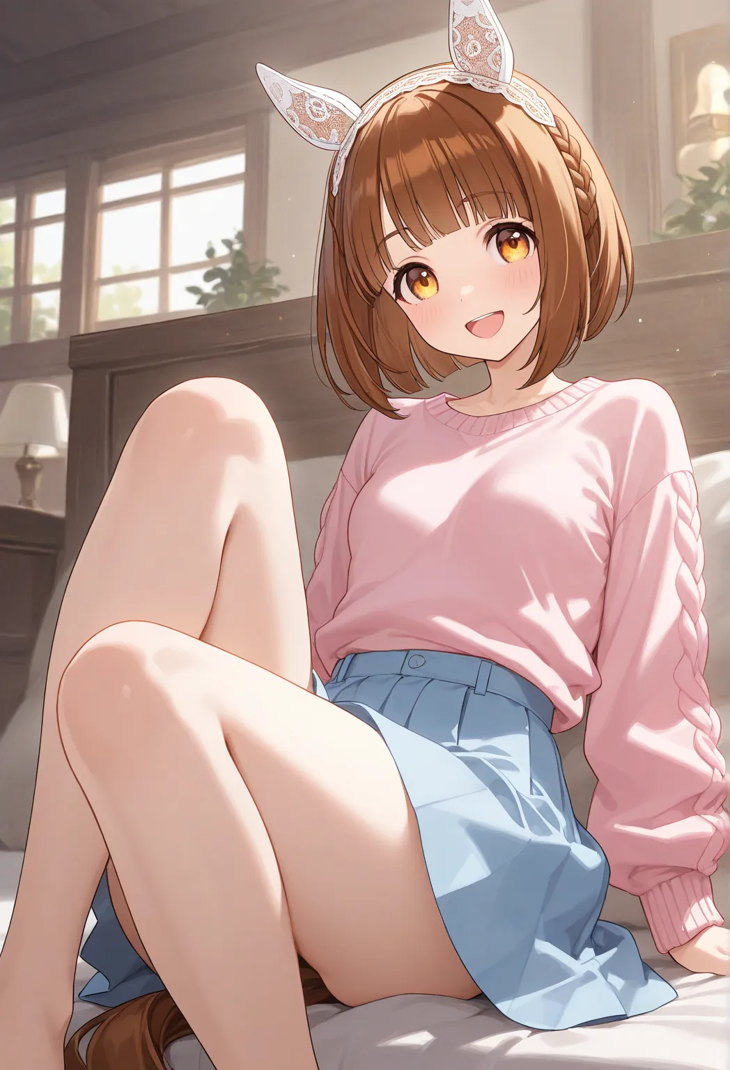 very awa, masterpiece, best quality, newest, highres, aburdres、Yukino Bijin、Yukino Bijin umamusume、One girl、small breasts、brown hair、brown braided headband hair、short bob、short horse ears、horse tail、  amber eyes、slender body、Slender legs、Long neck、pale pin...