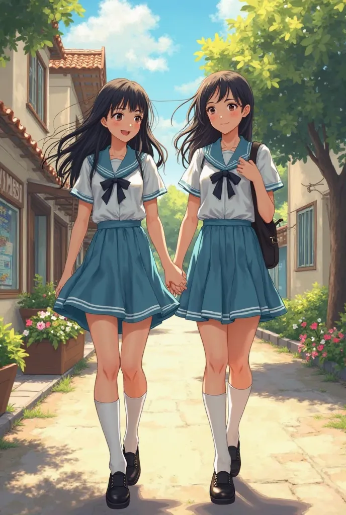 Two black-haired friends walking together to school through a town, wearing sky blue skirts, White blouses, black shoes and white socks 
