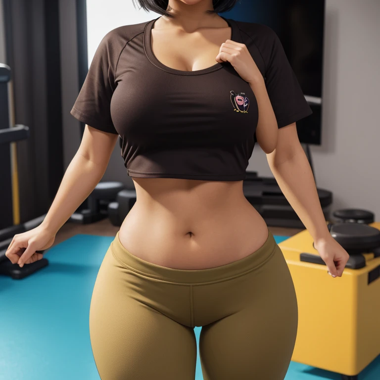 Timid short fluttershy cute pear shape body hispanic raven nyuugao geeky girl, short slightly wavy hair, cute detailed brown eyes, cutely detailed lips, cute highly detailed eyes and face, small breasts, fat thighs, wide round hips, gym tee shirt and runni...