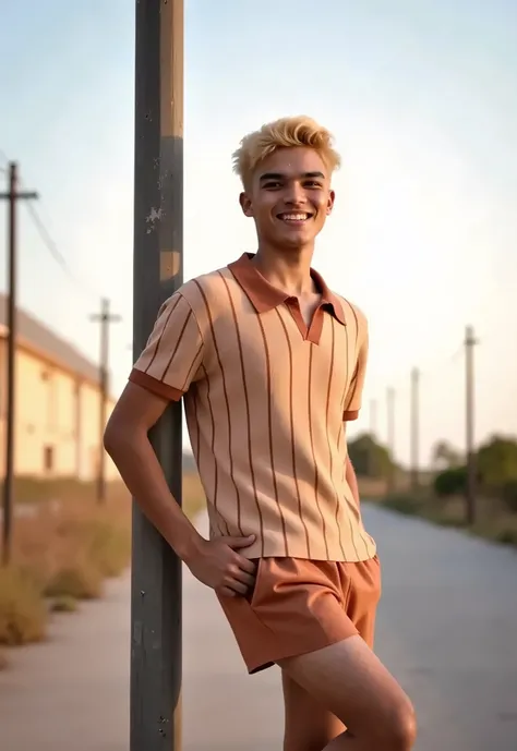 a cheerful filipino man with mullet hair, leans against a metal pole.  Casual portrait, natural light, golden hour.  He wears a HUMAN_Flat_knit_Shirts. His posture is relaxed and casual, leaning casually against the pole. The pole is tall, cylindrical and ...