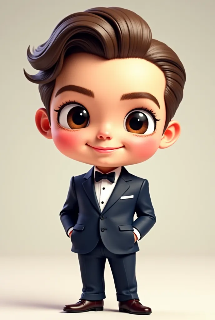 A chibi-style character inspired Leonardo diCaprio by a classic Hollywood actor with slicked-back hair, a charming smile, and dressed in a stylish suit. The character has exaggerated proportions with a large head, , and big expressive eyes, capturing a cut...