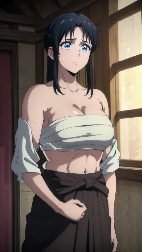 ((((Brown Hakama、upper body lift、Sideways glance、Under the arms))))、((( requires viewer attention、Big Breasts、  completely naked、Brown Hakama、belly button、 breasts、 Chest exposed 、 When wet, it becomes transparent 、Protruding 、has big areolas、 Look Down、sw...