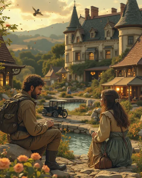 Two Tiny People (a man and a woman), each the size of a pinky finger, exploring a magical miniature city nestled within a vast, elegant garden of a nobleman's estate. The miniature town features intricately crafted tiny houses with terracotta roofs, cobble...