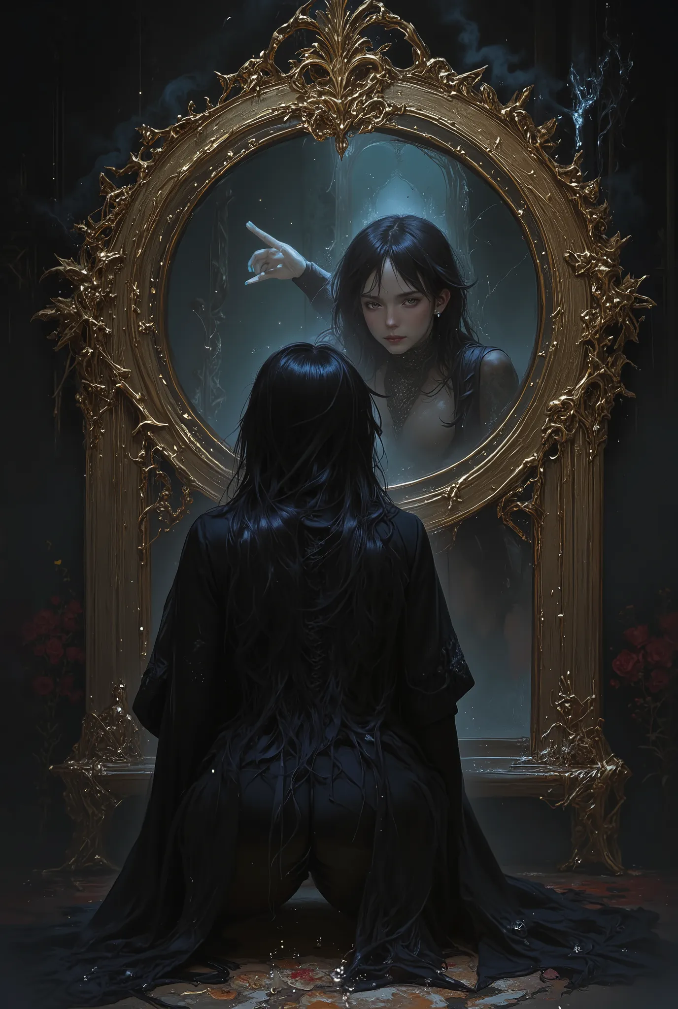 1girl, looking at the mirror, sitting, the death reflection, golden circle frame floral carved mirror, long black hair, mystical elemental, ethereal, dark smoke surrounded, dramatic light, creepy scene, crisp, terrifying, dimmed light, a hand bone emerged ...