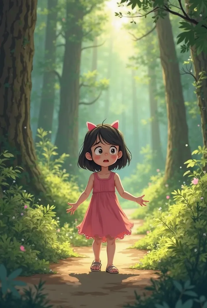 Prompt:
"A young girl named Mai, around , wearing a pink dress, walking through a lush forest with her mother. The scene is bright but starts to fade into the shadows as Mai gets separated from her mother. Mai looks worried and lost, with her hands outstre...