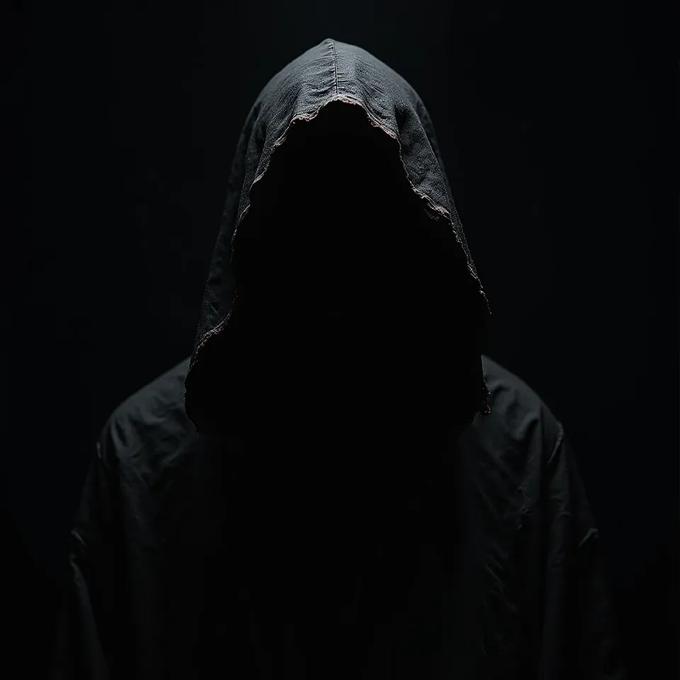 A dark, mysterious hooded figure with a completely faceless void where the face should be. The hood is made of tattered, flowing black fabric with a slightly metallic sheen. The figure's cloak drapes in deep folds, absorbing light and blending into the sha...