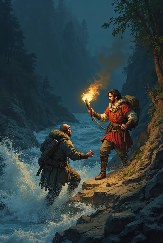 Itzam and his companions find a mighty river that blocks their path.. One of them trips and almost falls, , but Itzam holds it with one hand while protecting the torch with the other..