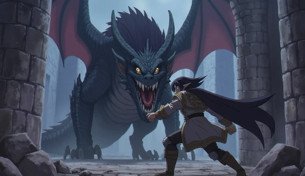 anime style, man with gray armor, dark blue hair blue eyes, fighting aganist a dragon in a dungeon, gray armor, with black cape, action pose