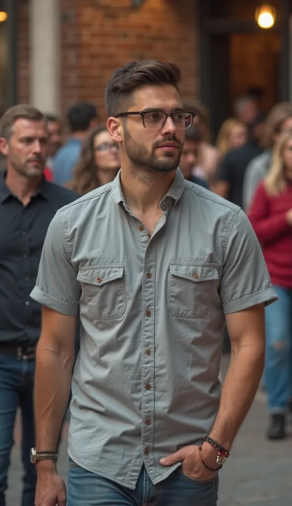 A man wearing an ash coloured casual shirt was in the crowd heading to the cafe to meet his friend's friend, background with shades of brick walls, take style photography, take pictures from the side direction