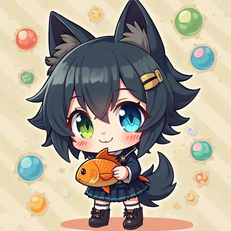  dog earの男の子,  dog ear, Black hair spiky hair、blue eyes and green odd-eyes blue eyes and green eyes、Blue Eyes Green Eyes、punk fashion cute、  illustration for both eyes,  cute cute cute , background is rainbow soap bubbles、nyaruko-san,  chibi!!!  Neferpitot...