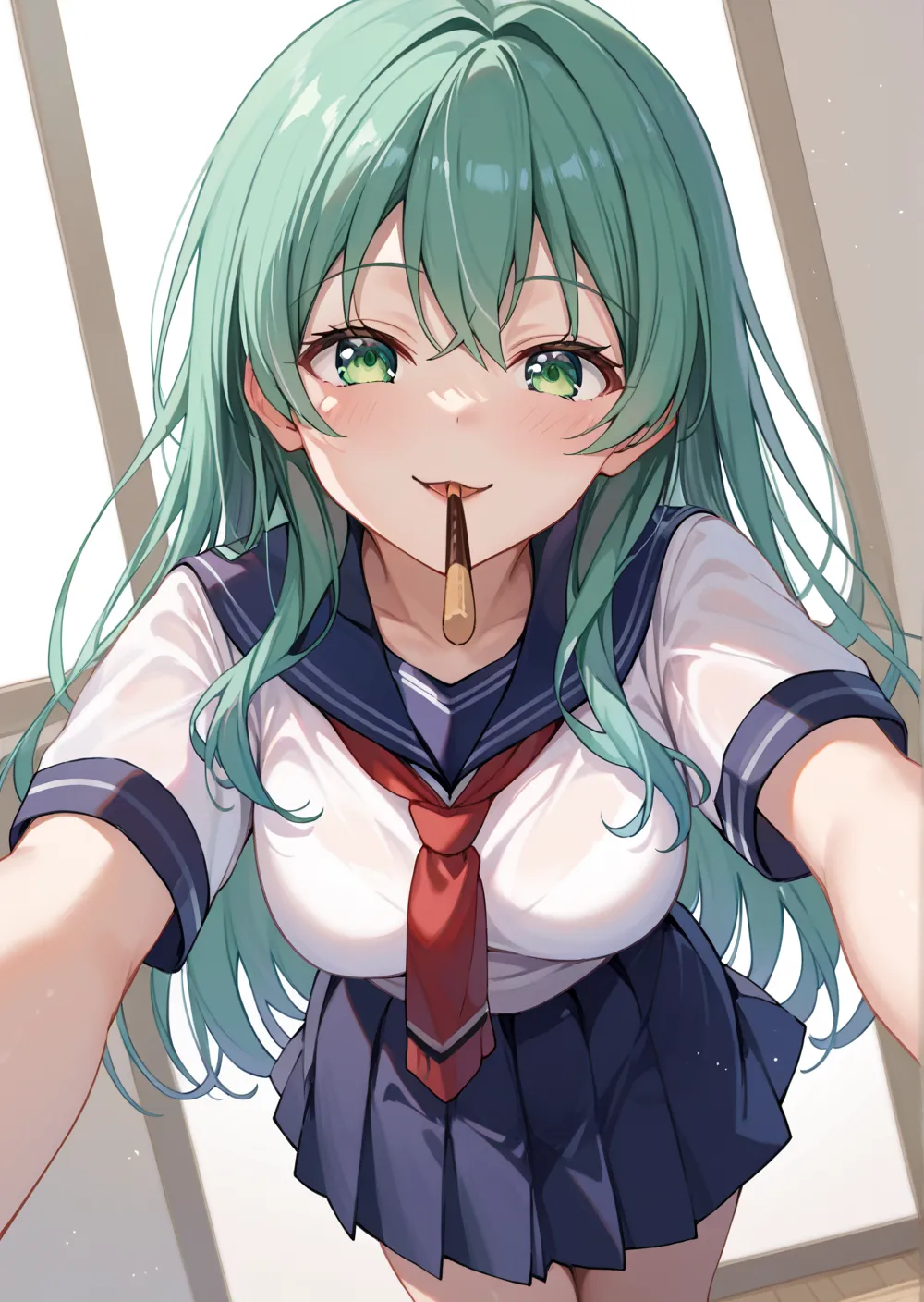 score_9, score_8_up , score_7_up , source_anime,1 girl,kochiya sanae 、薄い緑色の髪、 long hair、 green eyes、 happy、school uniform,short sleeve,pocky kiss, throw, look at viewer, standing