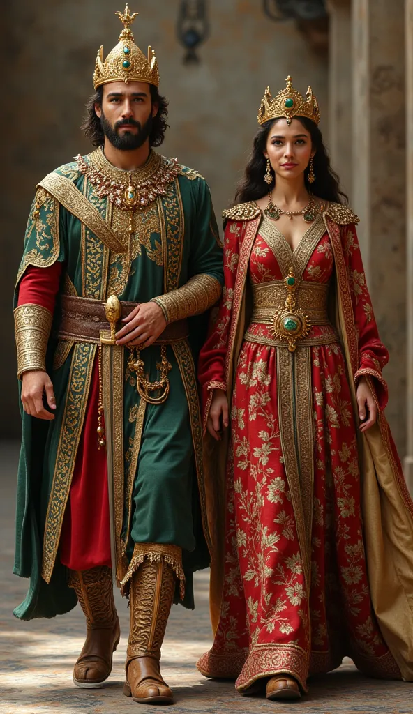 

A majestic Persian king and queen, the revered rulers of 13th-century Iran, walk forward with grace and undeniable charisma, embodying the grandeur of their empire. Both are 30 years old, possessing noble, strikingly beautiful features that exude wisdom,...