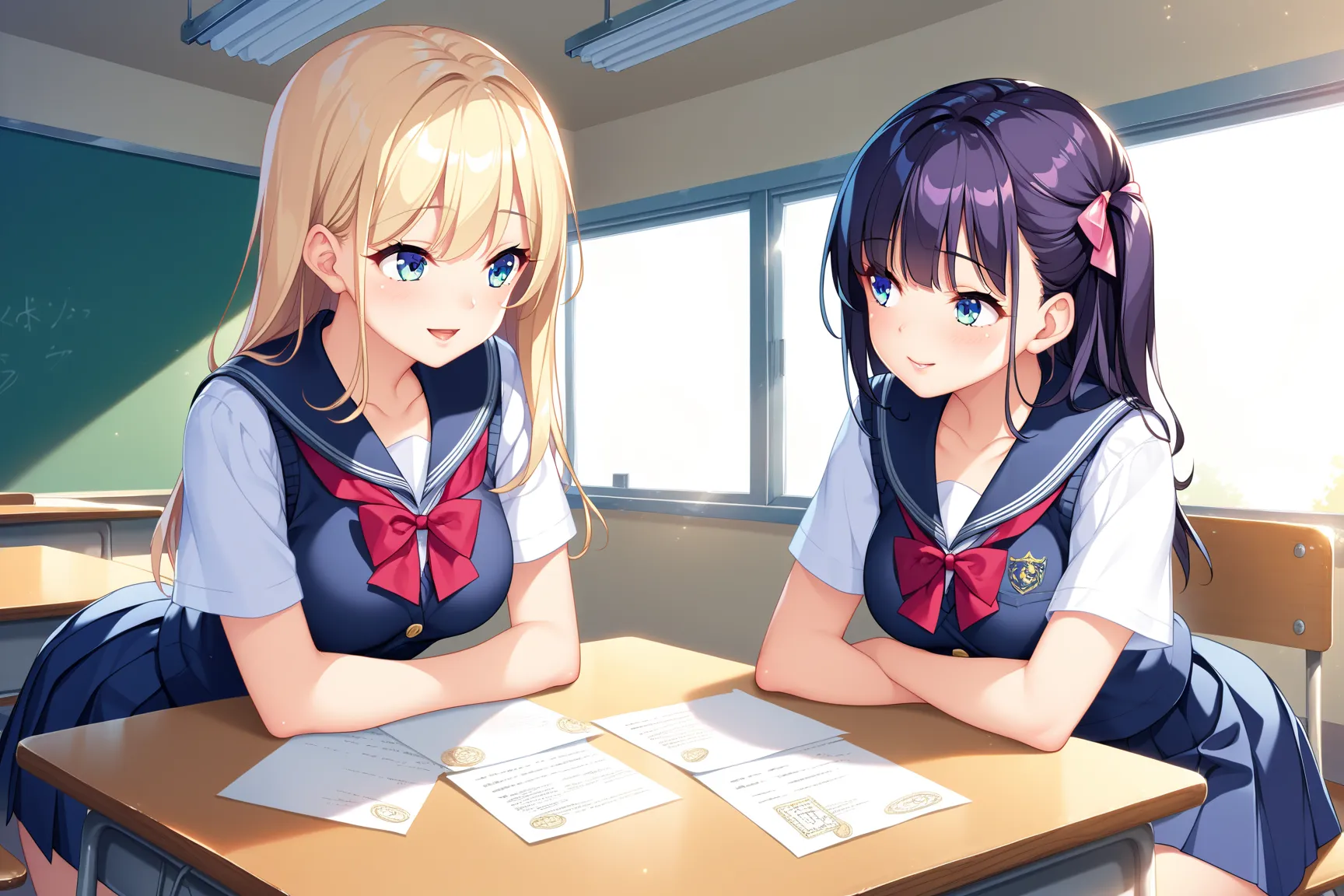 score_9, score_8_up, score_7_up, 2girls, school uniform, looking at each other, writing on papers, classroom, highly detailed, anime illustration, window, game cg, highres