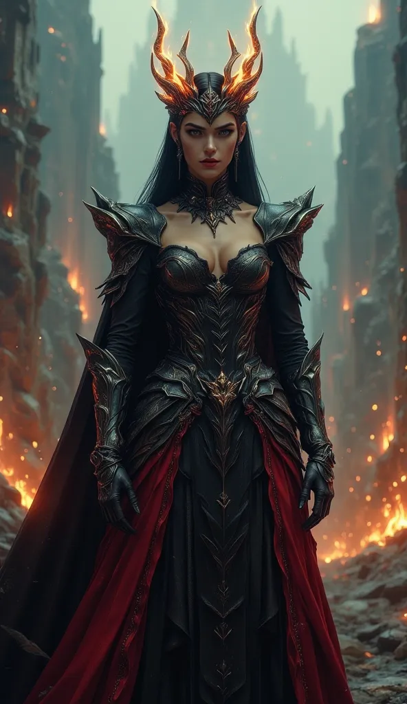 pinkdarkfantasy,
A fierce queen with smoldering eyes, wearing a black and crimson armor dress, a crown made of molten metal, standing amidst a ruined battlefield, embers floating around her.