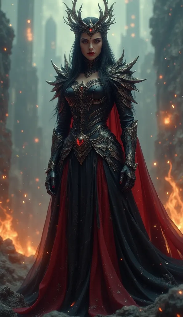 pinkdarkfantasy,
A fierce queen with smoldering eyes, wearing a black and crimson armor dress, a crown made of molten metal, standing amidst a ruined battlefield, embers floating around her.