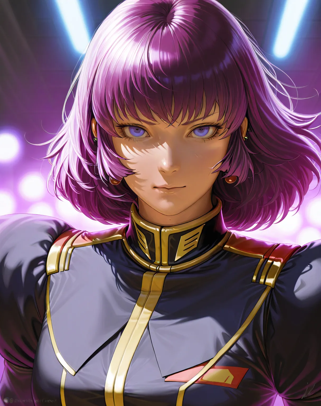 a detailed portrait of the Mobile Suit Zeta Gundam character Haman Karn, photorealistic, masterpiece, 8K, hyperrealistic, highly detailed, sharp focus, physically-based rendering, vivid colors, elegant posture, stern expression, flowing Purple hair, pierci...