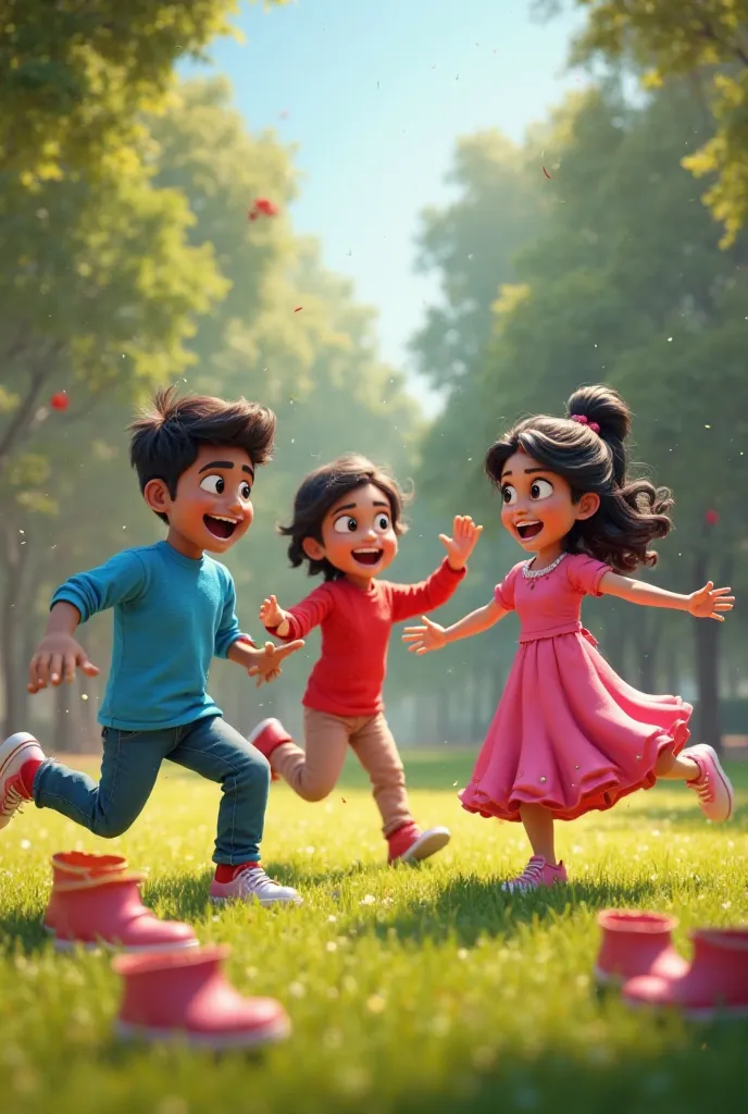 Sonu (in blue), Monu (in red), and Reena (in pink) playing a fun game in the park with boots scattered around. They are smiling and excited.
