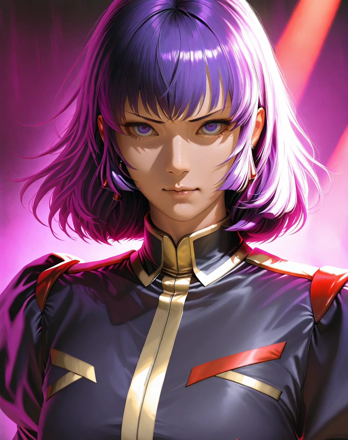 a detailed portrait of the Mobile Suit Zeta Gundam character Haman Karn, photorealistic, masterpiece, 8K, hyperrealistic, highly detailed, sharp focus, physically-based rendering, vivid colors, elegant posture, stern expression, flowing Purple hair, pierci...