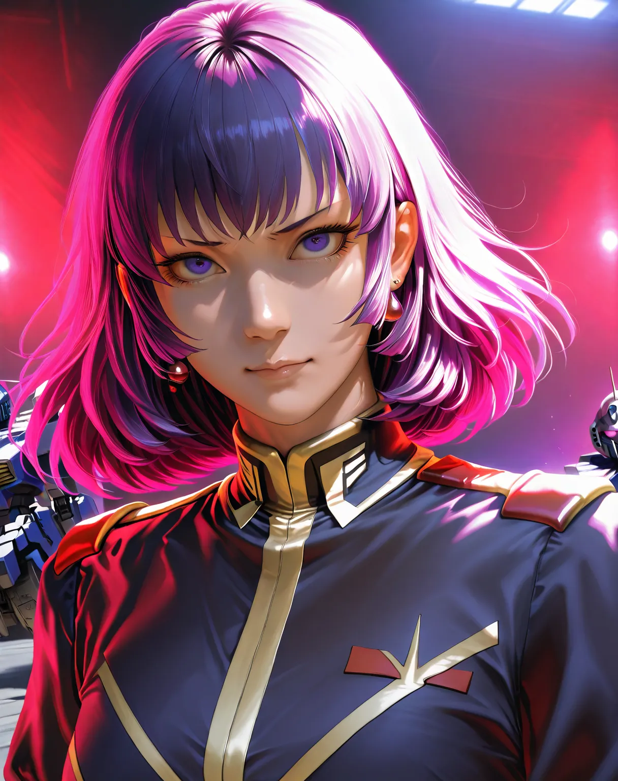 a detailed portrait of the Mobile Suit Zeta Gundam character Haman Karn, photorealistic, masterpiece, 8K, hyperrealistic, highly detailed, sharp focus, physically-based rendering, vivid colors, elegant posture, stern expression, flowing Purple hair, pierci...