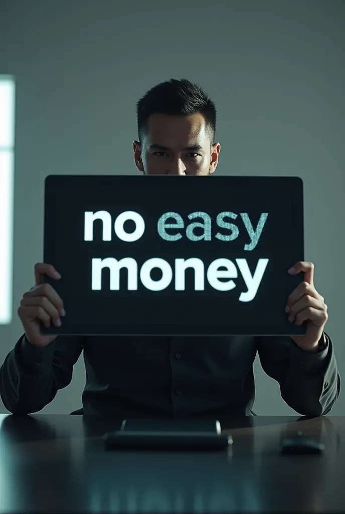 Image of a person with the phrase “NO EASY MONEY” on the screen